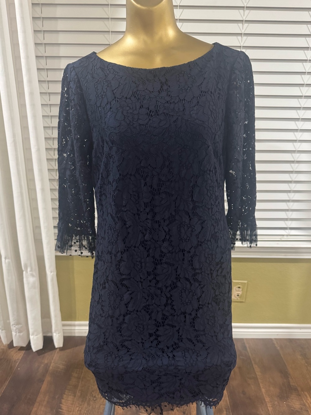 Vince Camuto Navy Lace Shift Dress with Sheer Three-Quarter Sleeves